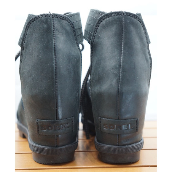 SOREL Women's Joanie Sandal Size 9 Black Leather Strappy Lace Up Wedge Heel Shoe - Picture 4 of 10